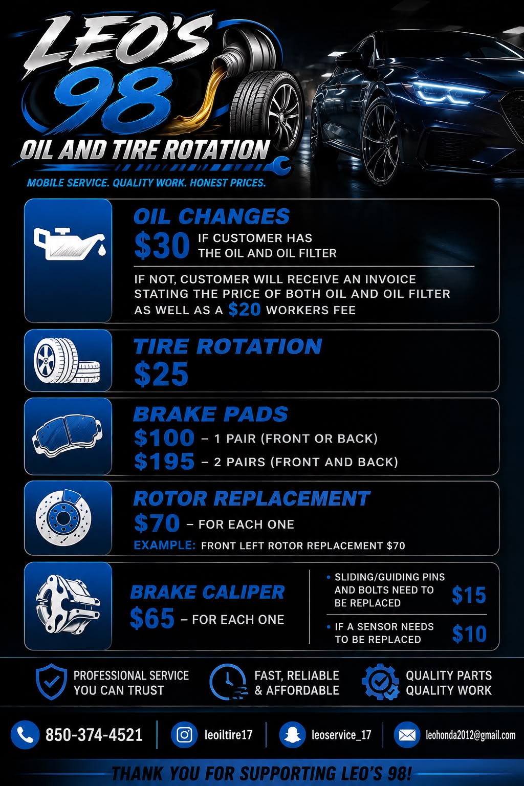 Oil change and tire rotation price list